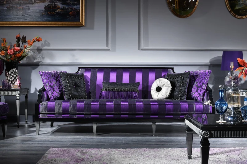Casa Padrino Luxus Barock Sofa Lila / Schwarz / Silber 244 x 95 x H. 88 cm - Wohnzimmermöbel im Barockstil