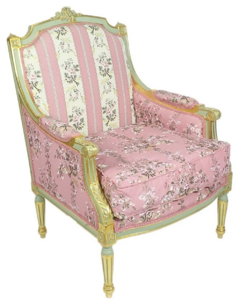 Casa Padrino Barock Lounge Thron Sessel Empire Blumenmuster Rosa / Mehrfarbig / Gold 70 x 70 x H. 100 cm - Barockmöbel