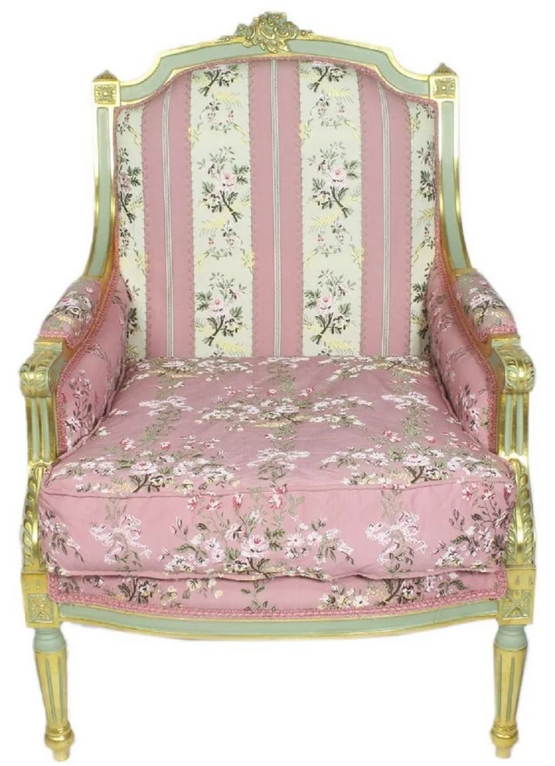 Casa Padrino Barock Lounge Thron Sessel Empire Blumenmuster Rosa / Mehrfarbig / Gold 70 x 70 x H. 100 cm - Barockmöbel