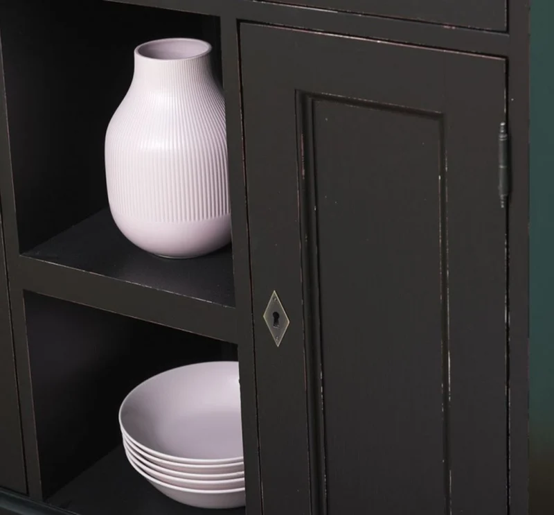 Casa Padrino Landhausstil Schrank Antik Schwarz 97 x 40 x H. 210 cm - Massivholz Regalschrank mit 2 Türen und 6 Schubladen - Möbel im Landhausstil