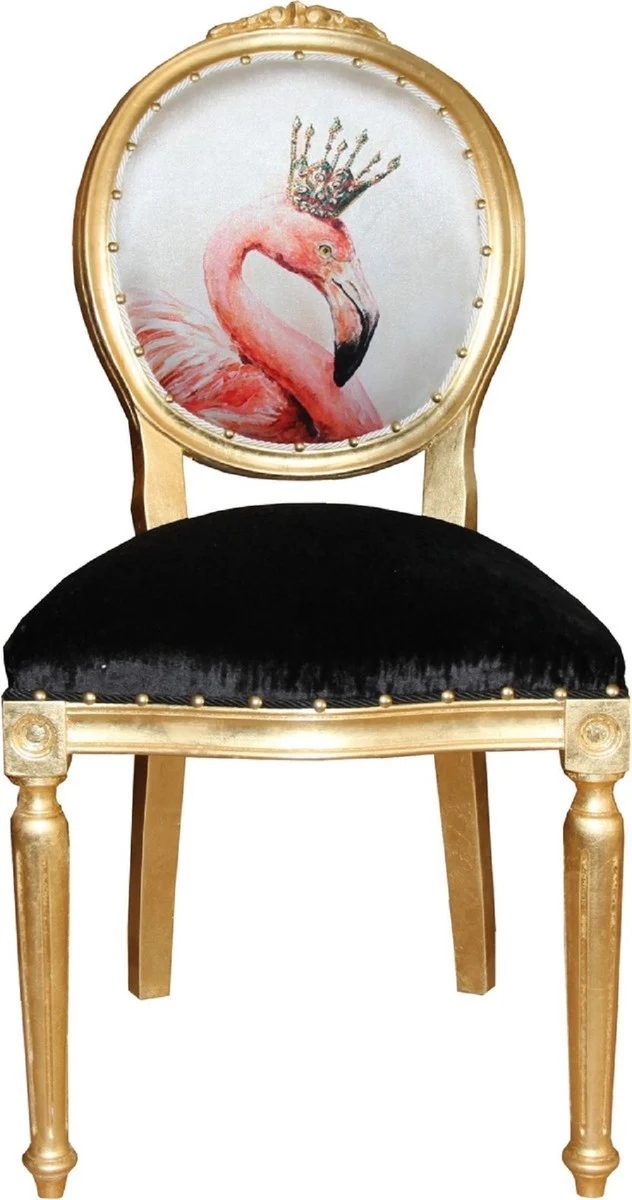 Casa Padrino Luxus Barock Esszimmer Set Flamingo mit Krone Gold / Schwarz / Mehrfarbig 48 x 50 x H. 98 cm - 4 handgefertigte Esszimmerstühle mit Bling Bling Glitzersteinen - Barock Esszimmermöbel