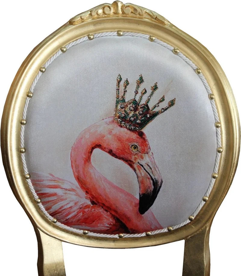 Casa Padrino Luxus Barock Esszimmer Set Flamingo mit Krone Gold / Schwarz / Mehrfarbig 48 x 50 x H. 98 cm - 4 handgefertigte Esszimmerstühle mit Bling Bling Glitzersteinen - Barock Esszimmermöbel