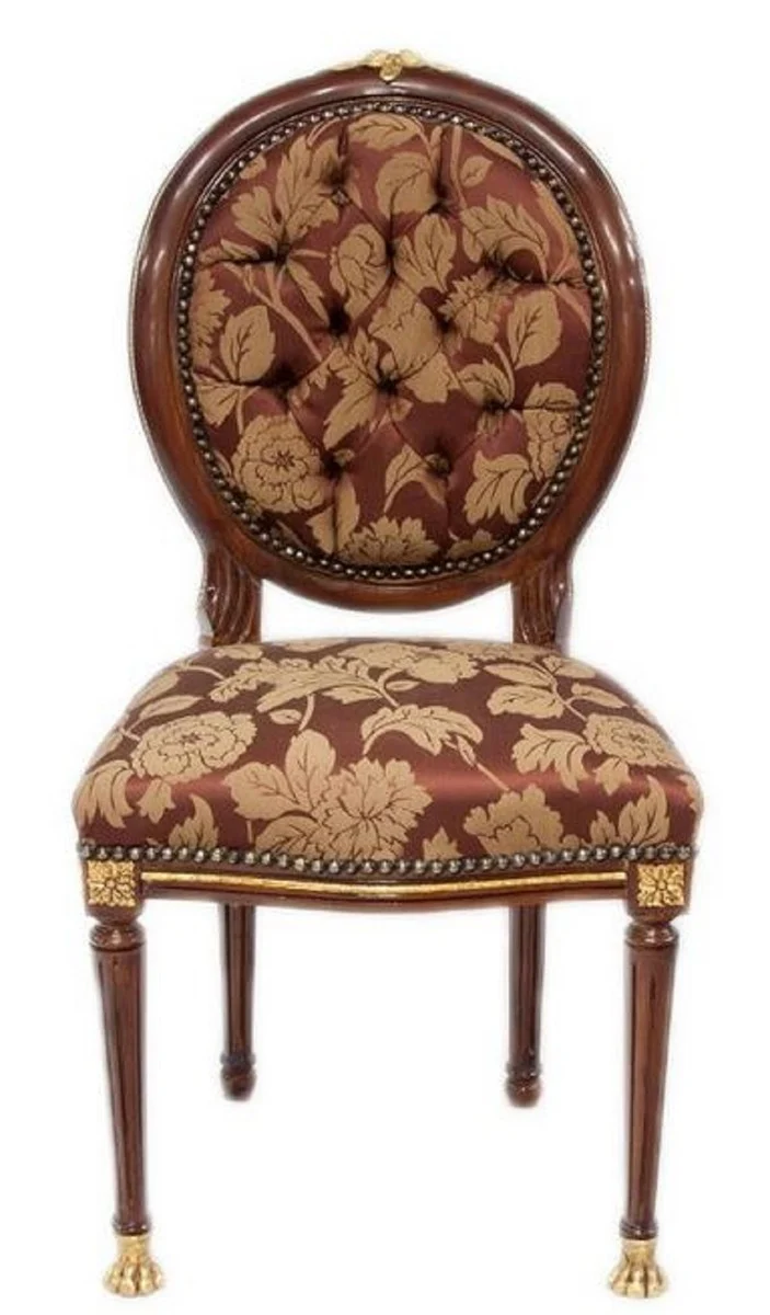 Casa Padrino Barock Esszimmerstuhl Dunkelbraun / Gold / Bordeauxrot mit Muster 50 x 45 x H. 100 cm - Barock Stuhl mit Löwenfüßen - Barock Esszimmer Möbel