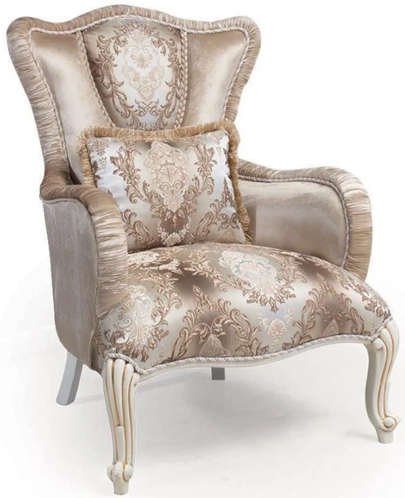 Casa Padrino Luxus Barock Sessel mit Kissen Beige / Weiß / Gold 83 x 96 x H. 102 cm - Barock Wohnzimmer Möbel