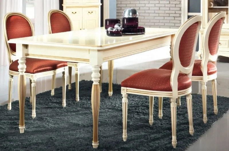 Casa Padrino Luxus Barock Esszimmer Set Creme / Gold / Orange - Ausziehbarer Küchentisch mit 4 Esszimmerstühlen - Esszimmermöbel im Barockstil