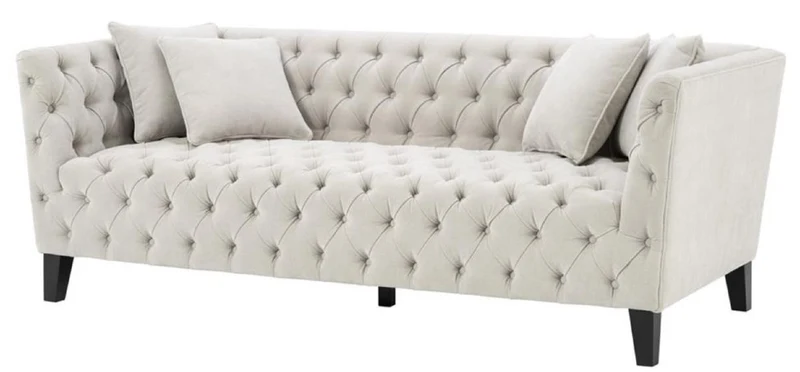 Casa Padrino Luxus Chesterfield Wohnzimmer Sofa mit 4 Kissen Sandfarben / Schwarz 217 x 92 x H. 78 cm - Luxus Möbel