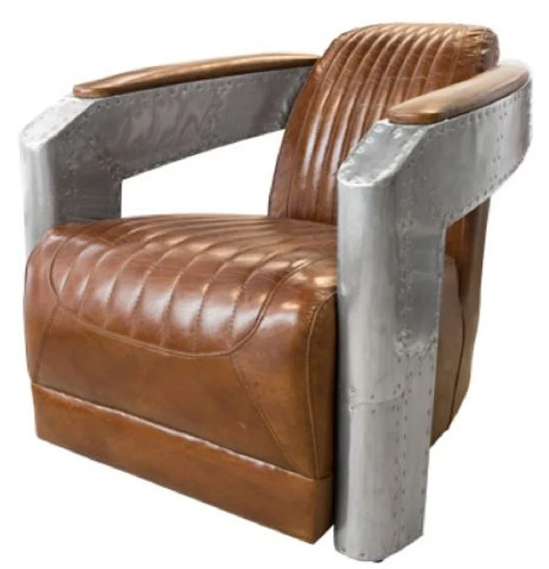 Casa Padrino Art Deco Aluminium Echtleder Sessel Braun / Silber 74,5 x 94 x H. 78 cm - Club Sessel - Lounge Sessel - Flugzeug Flieger Möbel