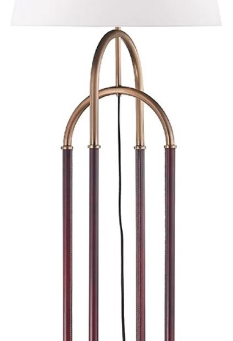 Casa Padrino Luxus Stehleuchte Antik Messingfarben / Braun / Weiß Ø 50,8 x H. 172,7 cm - Edle Metall Leuchte mit hochwertigem Leder und Leinen Lampenschirm - Luxus Qualität