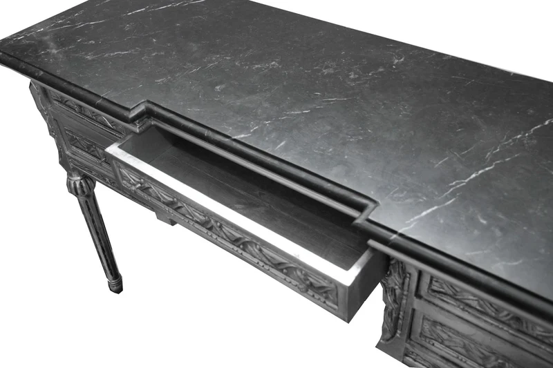 Casa Padrino Barock Konsole Silber mit Marmorplatte und 5 Schubladen 126 x 43 x H79 cm - Konsolentisch Sekretär - Möbel