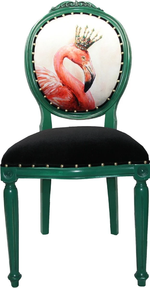 Casa Padrino Luxus Barock Esszimmer Set Flamingo mit Krone Grün / Weiß / Gold 48 x 50 x H. 98 cm - 6 handgefertigte Esszimmerstühle mit Bling Bling Glitzersteinen - Barock Esszimmermöbel