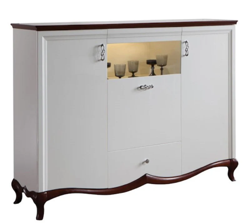 Casa Padrino Luxus Art Deco Barschrank Weiß / Dunkelbraun 164,2 x 46,5 x H. 123 cm - Beleuchteter Wohnzimmerschrank mit 3 Türen und Schublade
