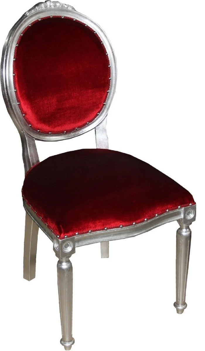 Casa Padrino Luxus Barock Esszimmer Set Medaillon Bordeauxrot / Silber 50 x 52 x H. 99 cm - 4 handgefertigte Esszimmerstühle - Barock Esszimmermöbel