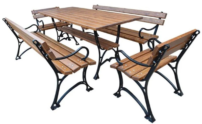 Casa Padrino Jugendstil Gartenmöbel Set Tisch 2 Sitzbänke 2 Stühle mit Armlehnen Braun / Schwarz 180 cm - Gartenmöbel
