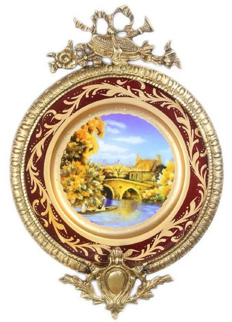 Casa Padrino Barock Keramik Wandbild mit verziertem Rahmen Mehrfarbig / Bordeauxrot / Gold 28 cm - Barock Wanddeko