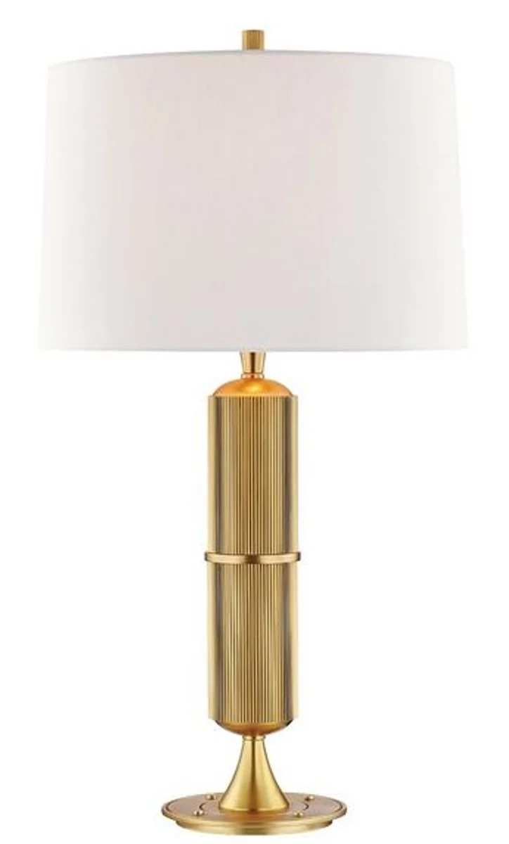 Casa Padrino Luxus Tischleuchte Antik Messing / Weiß Ø 38 x H. 71 cm - Tischlampe mit rundem Leinen Lampenschirm