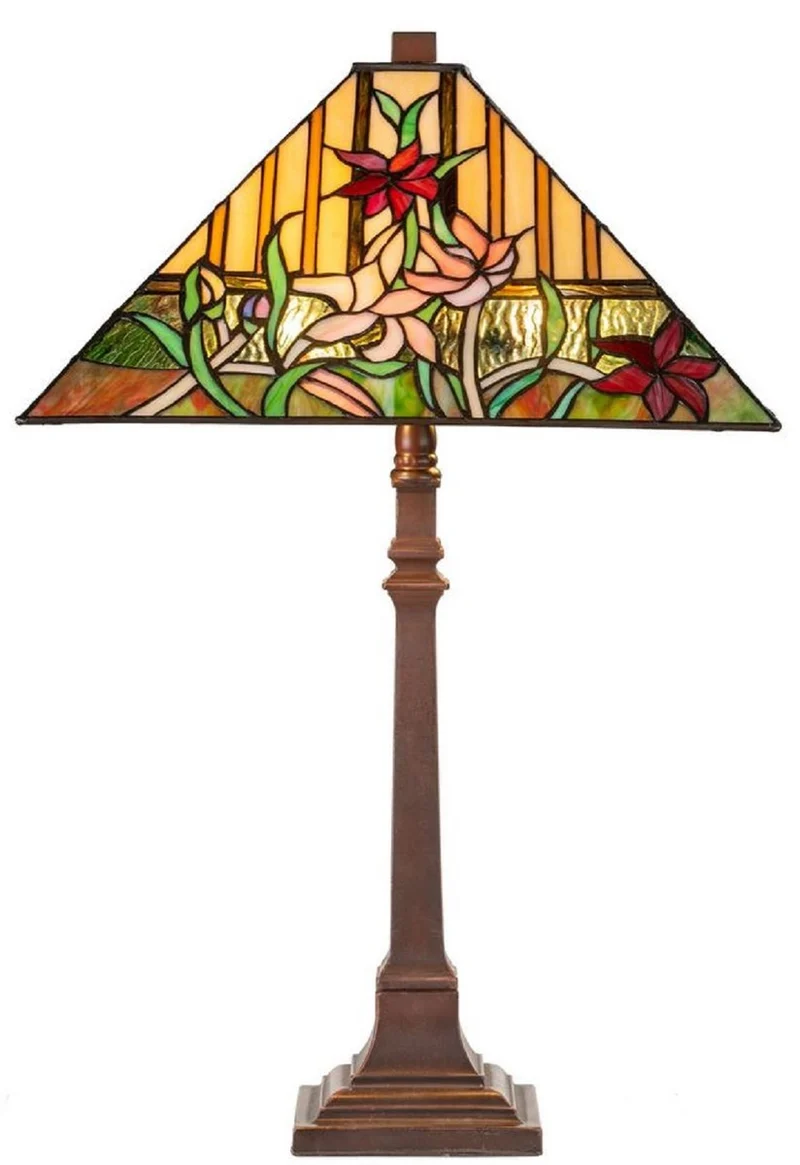 Casa Padrino Luxus Tiffany Tischleuchte mit Blumendesign Braun / Mehrfarbig 40 x 40 x H. 62 cm - Tiffany Lampe mit handgefertigtem Glas Lampenschirm