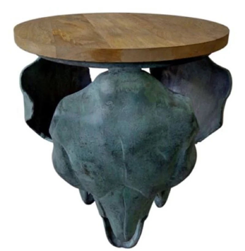 Casa Padrino Designer Beistelltisch Stierschädel Grau / Antik Grün / Naturfarben 46 x 40 x H. 53 cm - Wohnzimmermöbel