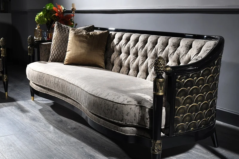 Casa Padrino Luxus Barock Wohnzimmer Set Silbergrau / Schwarz / Gold - 1 Chesterfield Sofa & 1 Sessel & 1 Couchtisch & 1 Beistelltisch - Barockmöbel