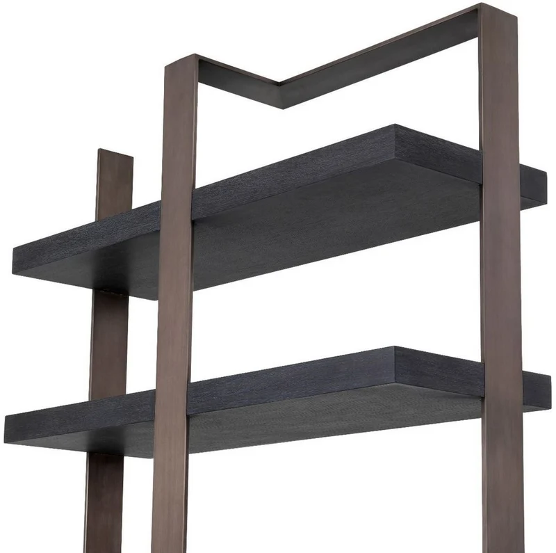 Casa Padrino Luxus Regalschrank Schwarz / Bronze 120,5 x 40 x H. 230 cm - Eichenfurnier Schrank mit Edelstahlrahmen - Bücherschrank - Luxus Wohnzimmer Möbel