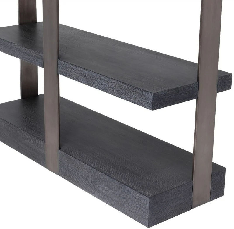 Casa Padrino Luxus Regalschrank Schwarz / Bronze 120,5 x 40 x H. 230 cm - Eichenfurnier Schrank mit Edelstahlrahmen - Bücherschrank - Luxus Wohnzimmer Möbel