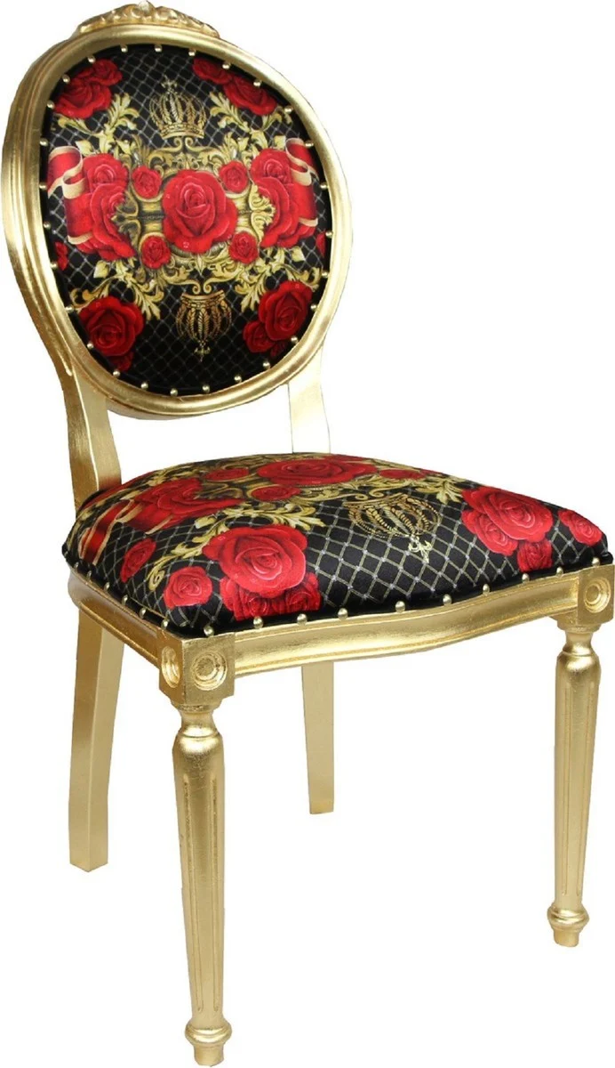 Pompöös by Casa Padrino Luxus Barock Esszimmerstühle Rosen Schwarz / Rot / Gold - Pompööse Barock Stühle designed by Harald Glööckler - 4 Esszimmerstühle
