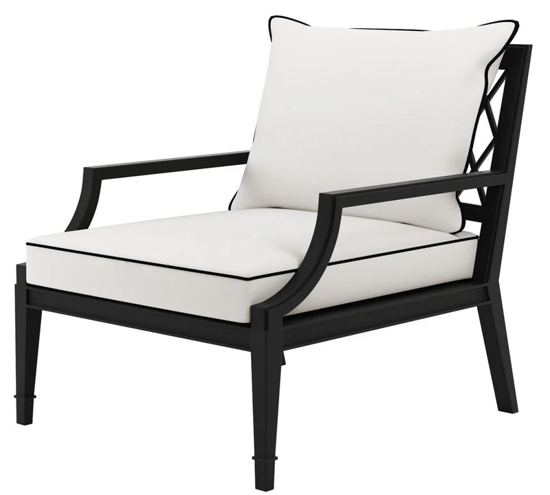 Casa Padrino Luxus Sessel mit Kissen Mattschwarz / Weiß 68,5 x 80 x H. 79 cm - Sessel aus hochwertigen strapazierbarem Aluminium - Wohnzimmermöbel - Gartenmöbel - Gastronomie Möbel