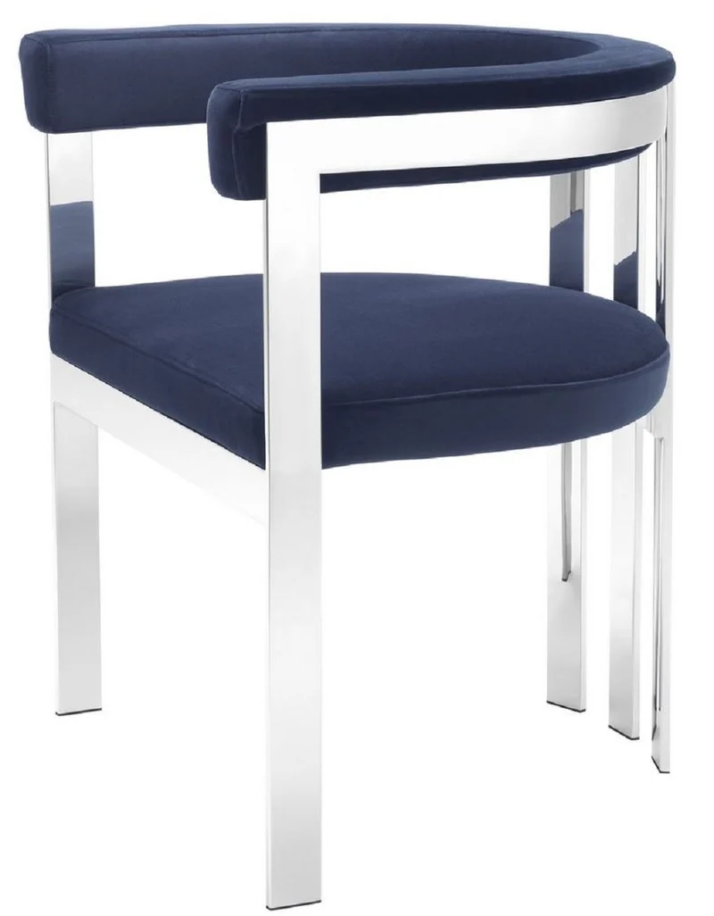 Casa Padrino Luxus Esszimmerstuhl mit Armlehnen Mitternachtsblau / Silber 61 x 56 x H. 73 cm - Edelstahl Küchenstuhl mit edlem Samtstoff - Luxus Küchenmöbel