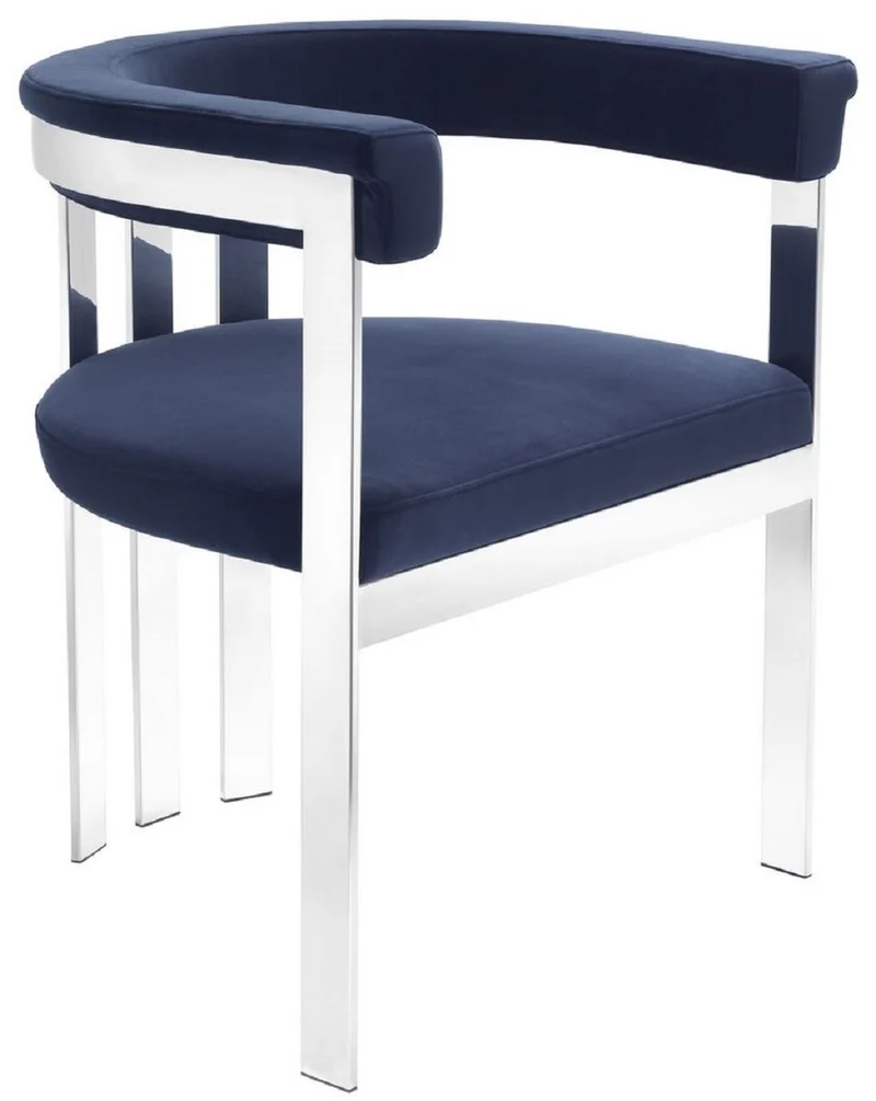Casa Padrino Luxus Esszimmerstuhl mit Armlehnen Mitternachtsblau / Silber 61 x 56 x H. 73 cm - Edelstahl Küchenstuhl mit edlem Samtstoff - Luxus Küchenmöbel