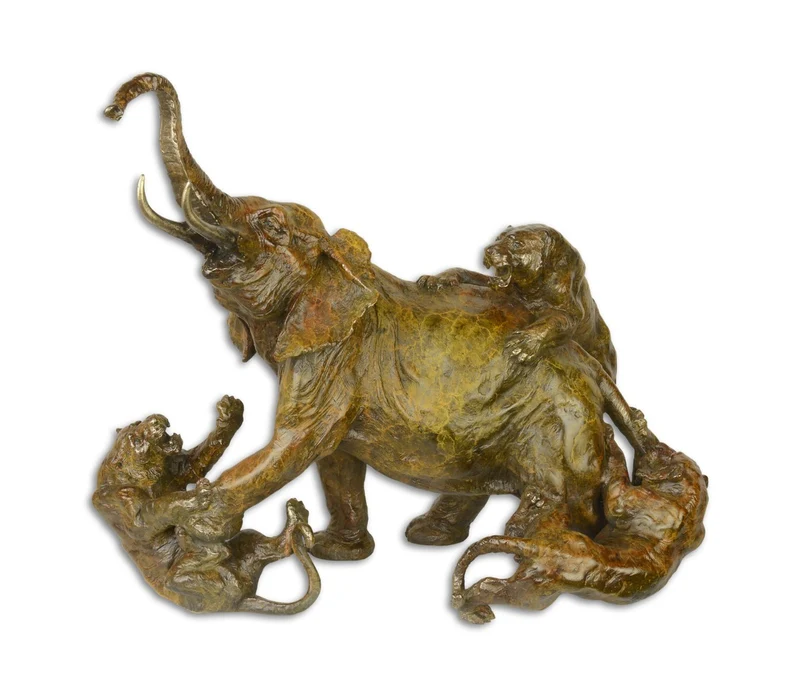 Casa Padrino Luxus Bronzefigur Elefant von Löwen angegriffen 21 x 37,8 x H. 34,1cm - Bronze Skulptur - Dekofigur - Deko Accessoires