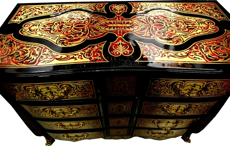 Casa Padrino Barock Boulle Kommode Schwarz / Gold / Rot 112 cm - Möbel Schrank Sideboard