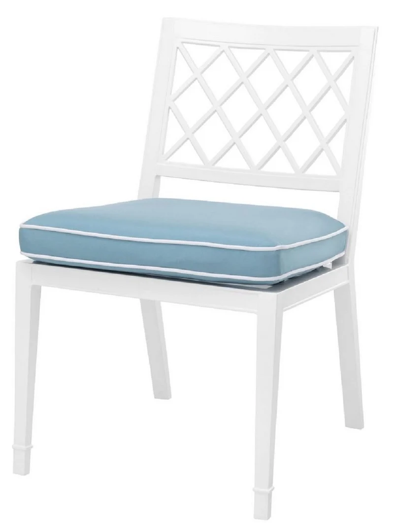 Casa Padrino Luxus Esszimmerstuhl Weiß / Hellblau 53 x 66 x H. 87 cm - Aluminium Küchenstuhl mit Kissen - Esszimmermöbel