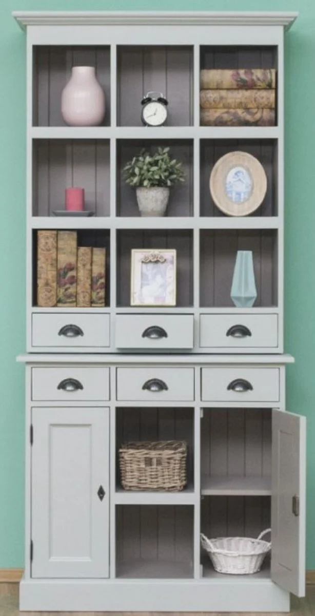 Casa Padrino Landhausstil Schrank Grau 97 x 40 x H. 210 cm - Massivholz Regalschrank mit 2 Türen und 6 Schubladen - Möbel im Landhausstil