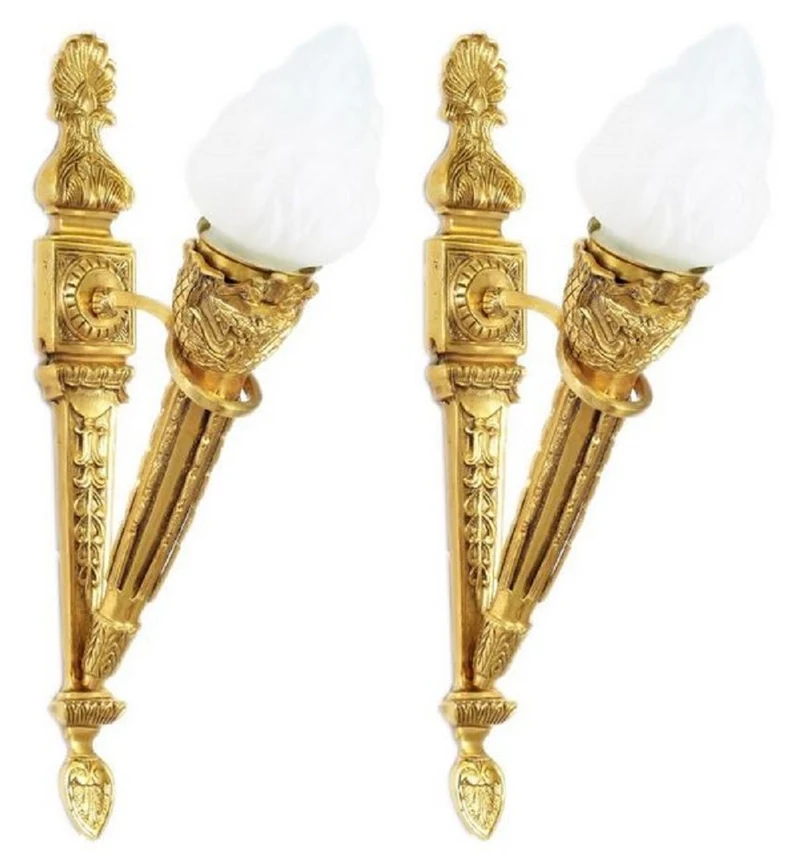 Casa Padrino Barock Wandleuchten Set Gold / Weiß 15 x 25 x H. 60 cm - Vergoldete Bronze Wandlampen im Fackel Design