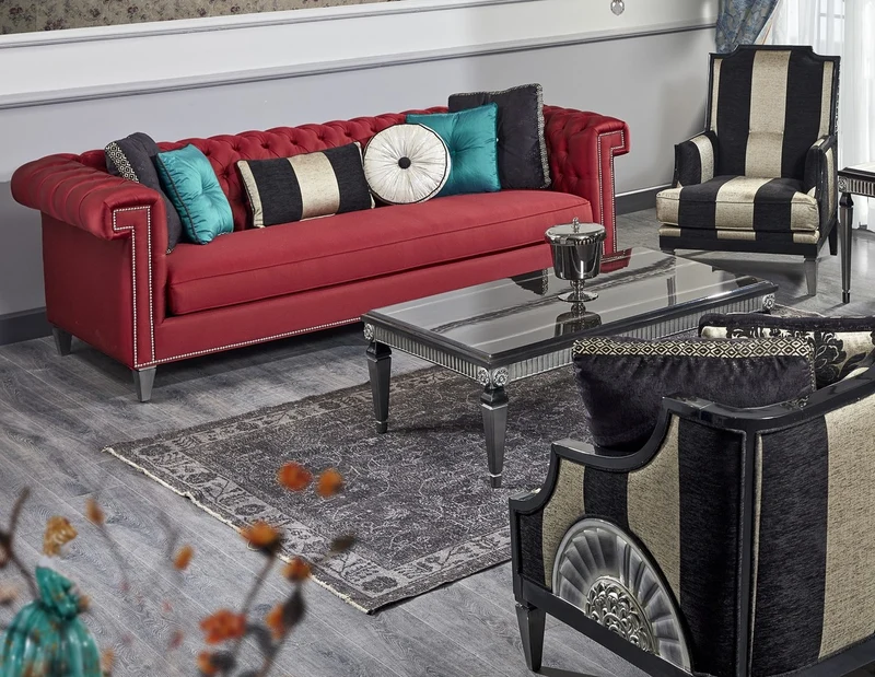Casa Padrino Luxus Barock Wohnzimmer Set Rot / Schwarz / Gold / Silber - 2 Sofas & 2 Sessel & 1 Couchtisch & 1 Beistelltisch - Barock Wohnzimmermöbel