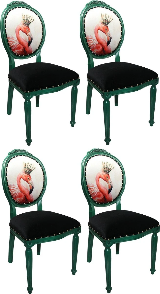 Casa Padrino Luxus Barock Esszimmer Set Flamingo mit Krone Grün / Schwarz / Mehrfarbig 48 x 50 x H. 98 cm - 4 handgefertigte Esszimmerstühle mit Bling Bling Glitzersteinen - Barock Esszimmermöbel