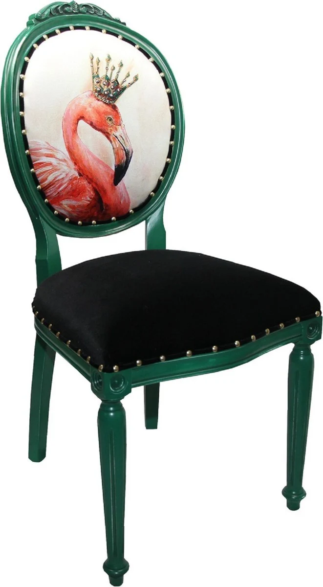 Casa Padrino Luxus Barock Esszimmer Set Flamingo mit Krone Grün / Schwarz / Mehrfarbig 48 x 50 x H. 98 cm - 4 handgefertigte Esszimmerstühle mit Bling Bling Glitzersteinen - Barock Esszimmermöbel