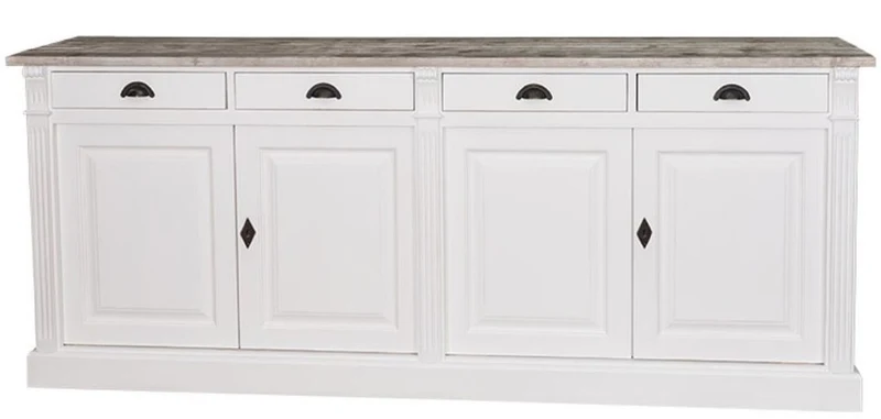 Casa Padrino Landhausstil Küchenschrank mit 4 Türen und 4 Schubladen Weiß / Naturfarben 219 x 51 x H. 90 cm - Massivholz Schrank - Landhausstil Möbel