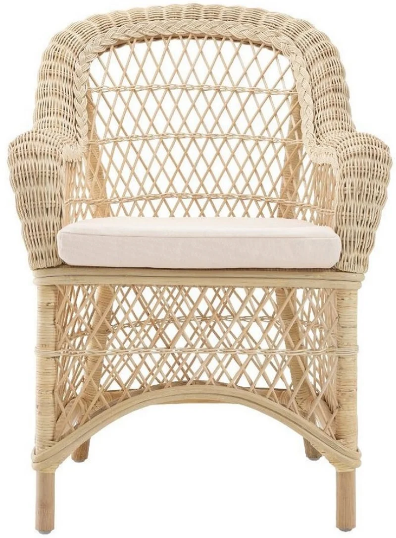 Casa Padrino Luxus Rattan Esszimmerstuhl mit Armlehnen und Kissen Naturfarben / Cremefarben 63 x 68 x H. 88 cm - Esszimmermöbel