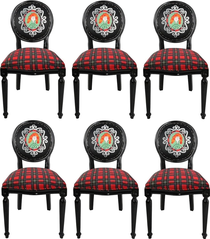 Casa Padrino Luxus Barock Esszimmer Set Schottland Frau Mehrfarbig / Schwarz 48 x 50 x H. 98 cm - 6 handgefertigte Esszimmerstühle - Barock Esszimmermöbel