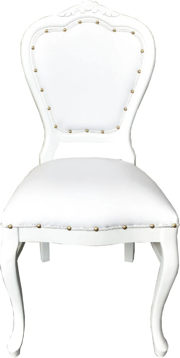 Casa Padrino Luxus Barock Esszimmer Set Weiß / Weiß 45 x 47 x H. 99 cm - 6 handgefertigte Esszimmerstühle mit Kunstleder - Barock Esszimmermöbel