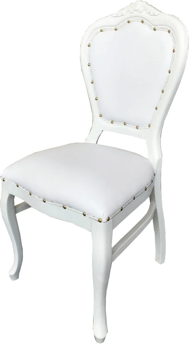 Casa Padrino Luxus Barock Esszimmer Set Weiß / Weiß 45 x 47 x H. 99 cm - 6 handgefertigte Esszimmerstühle mit Kunstleder - Barock Esszimmermöbel