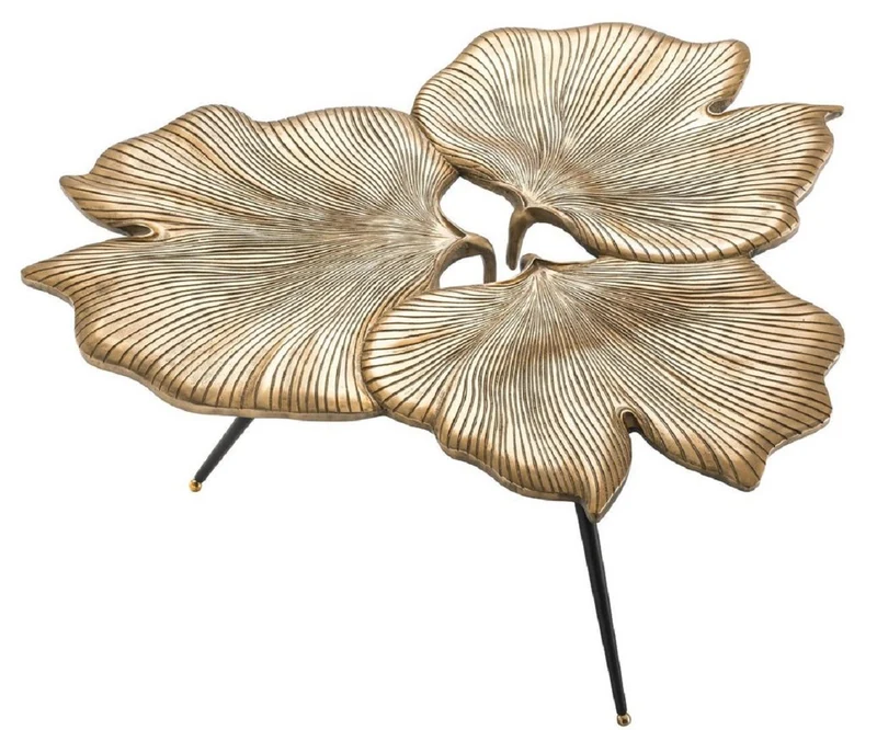 Casa Padrino Designer Beistelltisch Vintage Messingfarben / Schwarz / Gold 75 x 64 x H. 38,5 cm - Aluminium Tisch im Ginkgoblätter Design - Luxus Qualität
