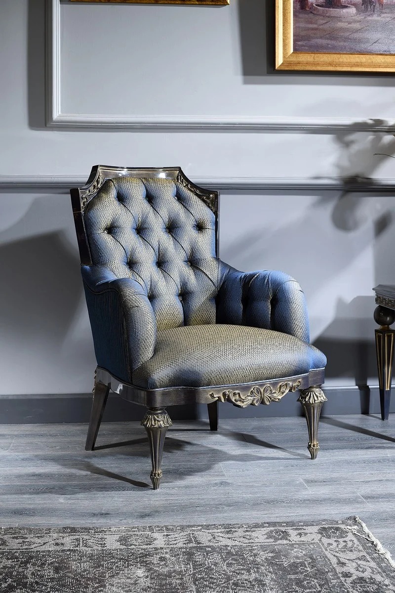 Casa Padrino Luxus Barock Wohnzimmer & Esszimmer Set Blau / Schwarz / Gold - Barockmöbel