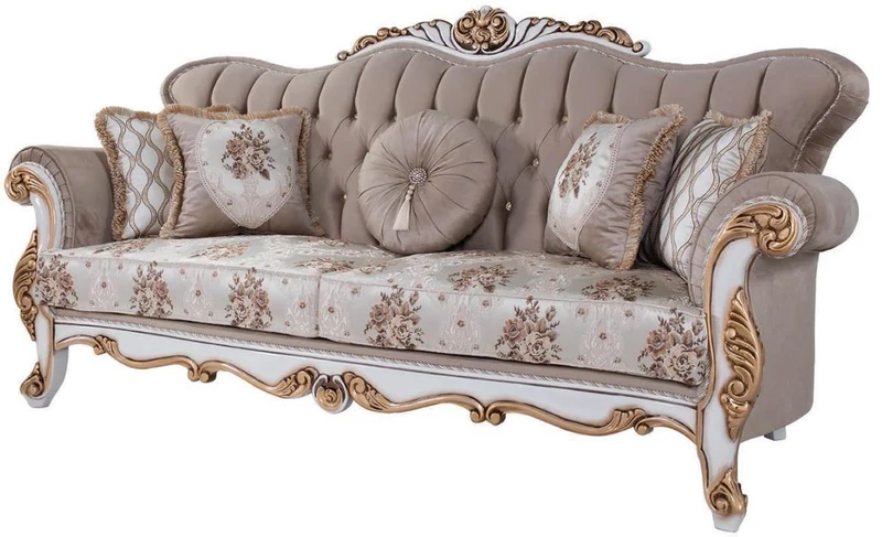 Casa Padrino Luxus Barock Sofa mit Kissen Grau / Mehrfarbig / Weiß / Bronze 232 x 87 x H. 101 cm - Wohnzimmer Couch mit Blumenmuster und wunderschönen Verzierungen