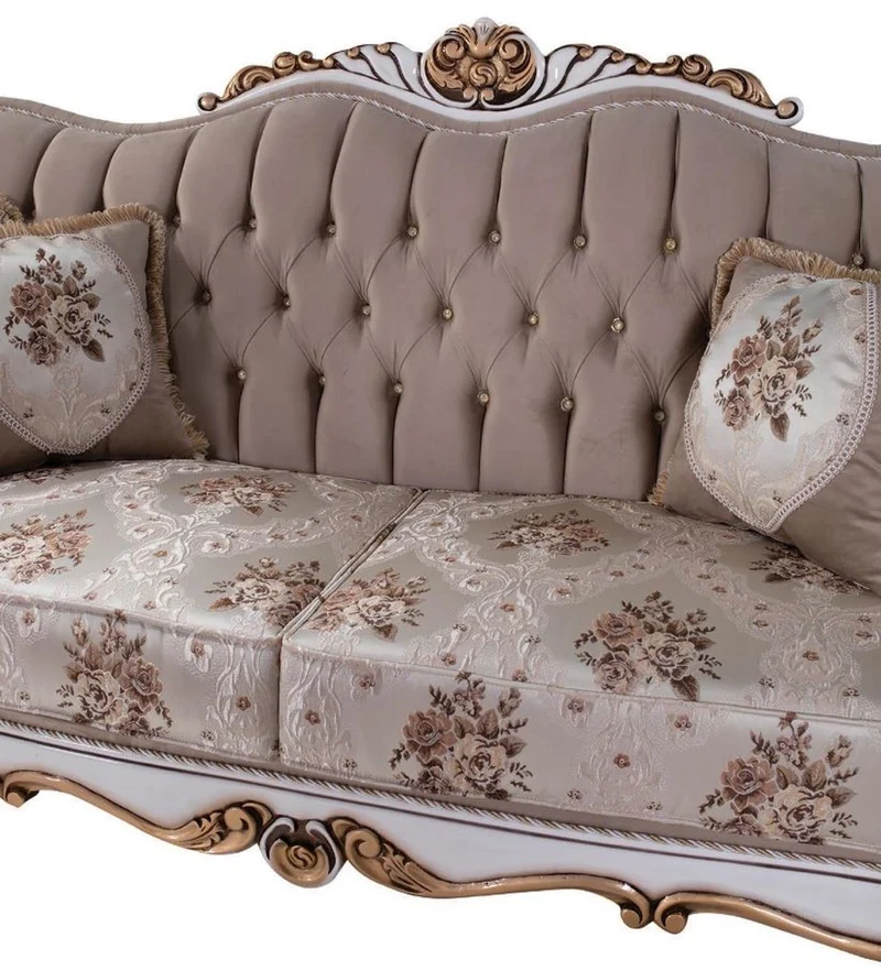 Casa Padrino Luxus Barock Sofa mit Kissen Grau / Mehrfarbig / Weiß / Bronze 232 x 87 x H. 101 cm - Wohnzimmer Couch mit Blumenmuster und wunderschönen Verzierungen