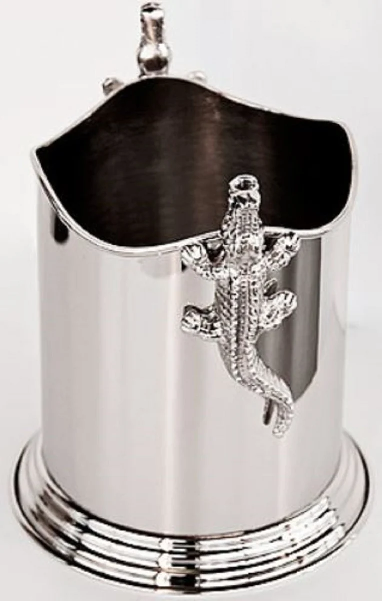 Casa Padrino Messing Weinkühler Aligator Silber Ø 18 x H. 21 cm - Runder Weinflaschenhalter mit 2 Griffen - Luxus Accessoires