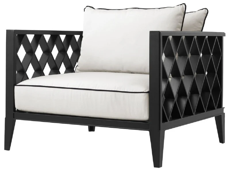 Casa Padrino Luxus Wohnzimmer Sessel mit Kissen Mattschwarz / Weiß 96,5 x 93,5 x H. 68,5 cm - Wohnzimmer Möbel