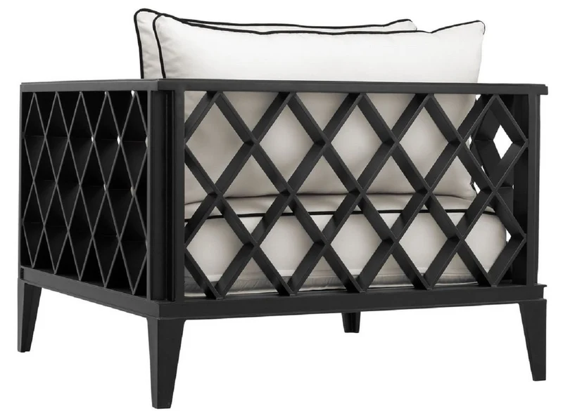 Casa Padrino Luxus Wohnzimmer Sessel mit Kissen Mattschwarz / Weiß 96,5 x 93,5 x H. 68,5 cm - Wohnzimmer Möbel