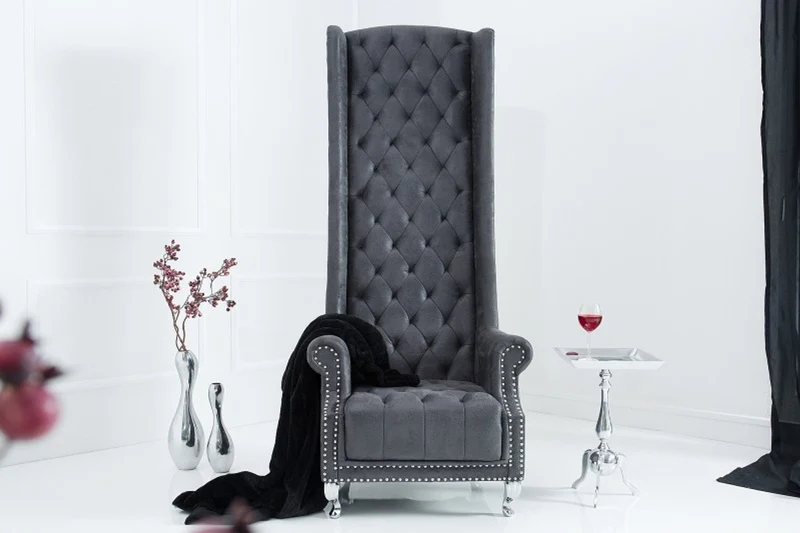 Casa Padrino Chesterfield High Back Sessel Grau - Thron König Hochlehn Sessel - Modern Barock Hochlehner