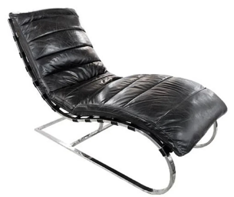 Casa Padrino Luxus Echtleder Liegesessel Schwarz / Silber 150 x 61 x H. 81 cm - Wohnzimmer Lounge Liege Relax Sessel